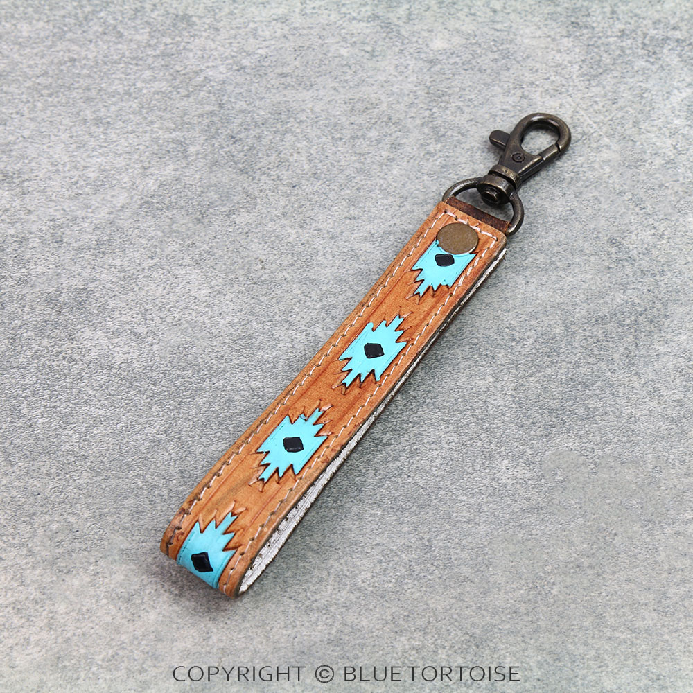 Handmade Genuine Leather Tooled Bar Keychain - Aztec