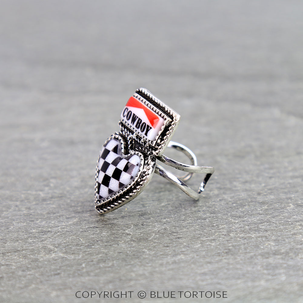 Western Cowboy Heart Checker Cuff Ring - Image 2