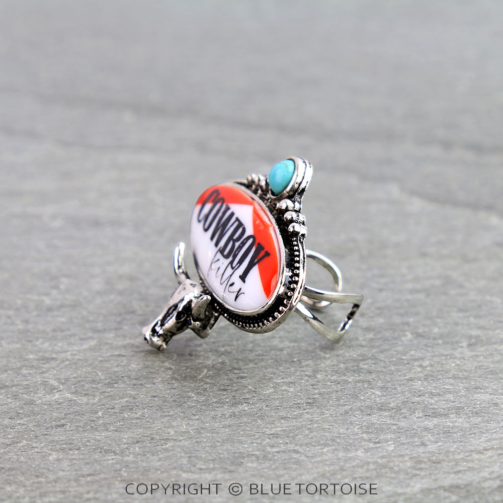 Western Red Steer Head Cowboy Cuff Ring - Image 2