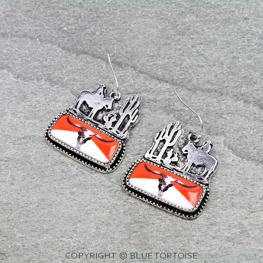 Western Red Steer Skull Silhouette Dangle Earrings