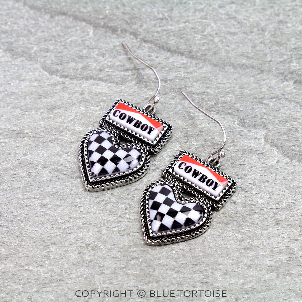 Western Cowboy Heart Checker Dangle Earrings