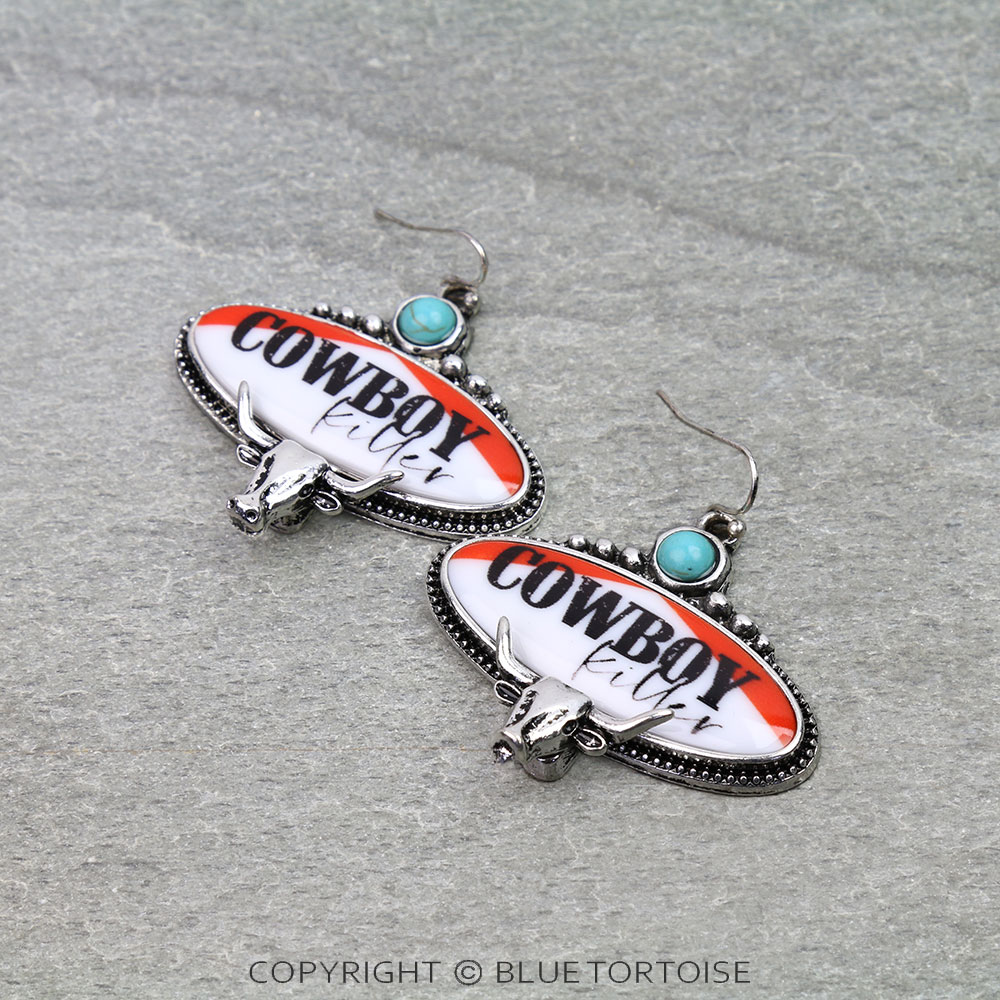 Western Red Cowboy Killer Steer Cow Dangle Earrings