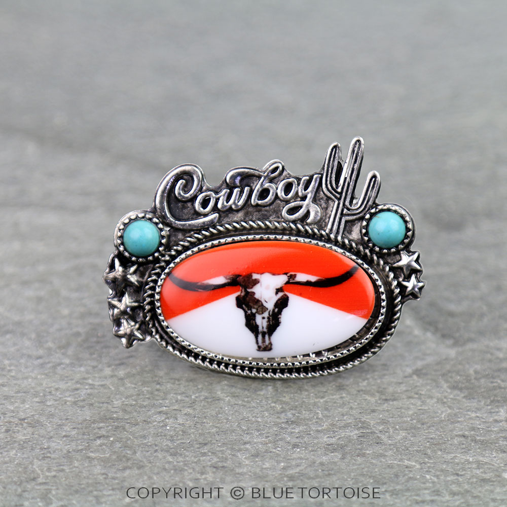 Western Red Steer Skull Cowboy Cuff Ring