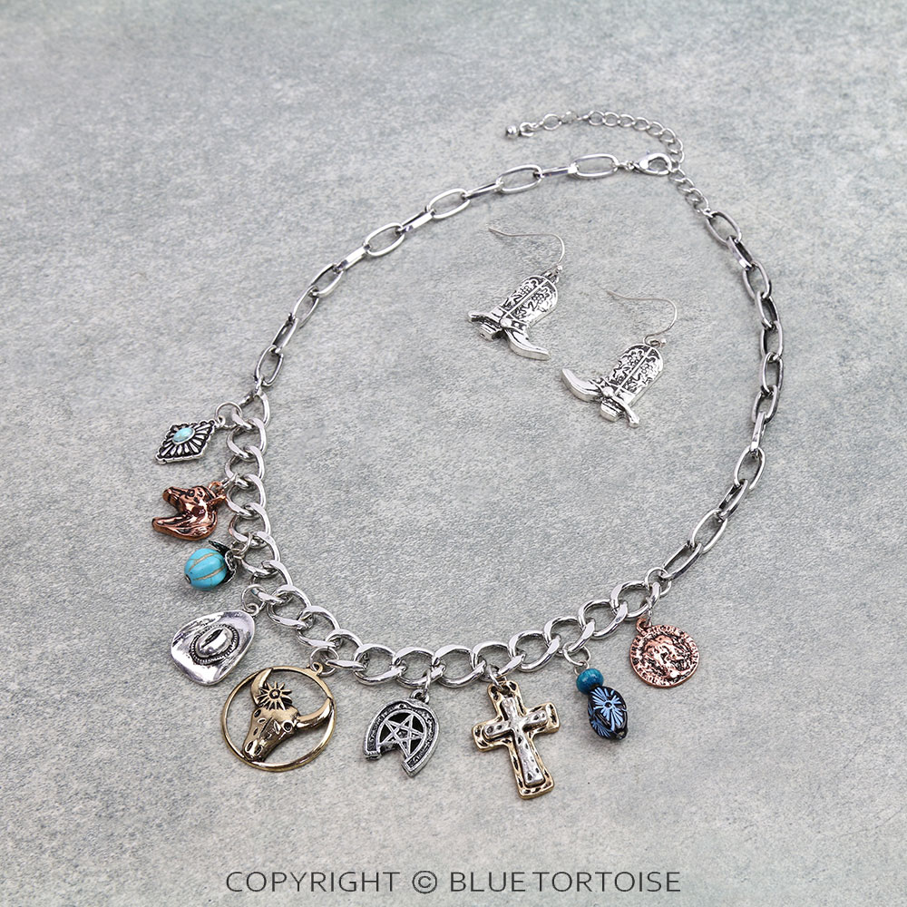 Western Steer Skull Multi Charm Necklace Set