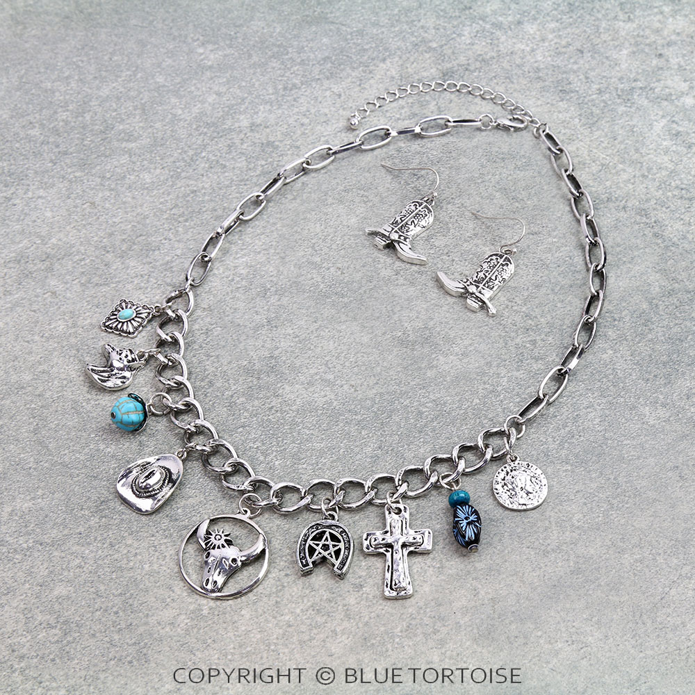 Western Steer Skull Multi Charm Necklace Set