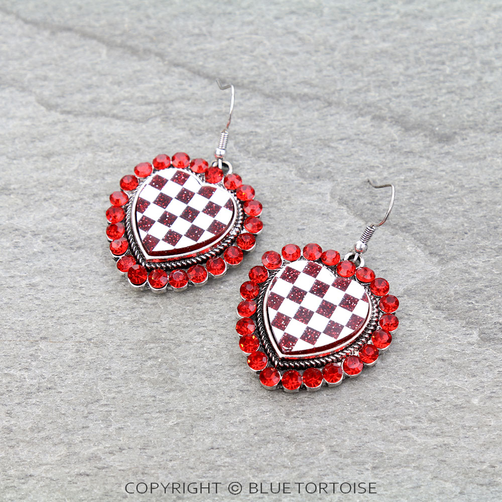Western Checker Heart Dangle Earrings