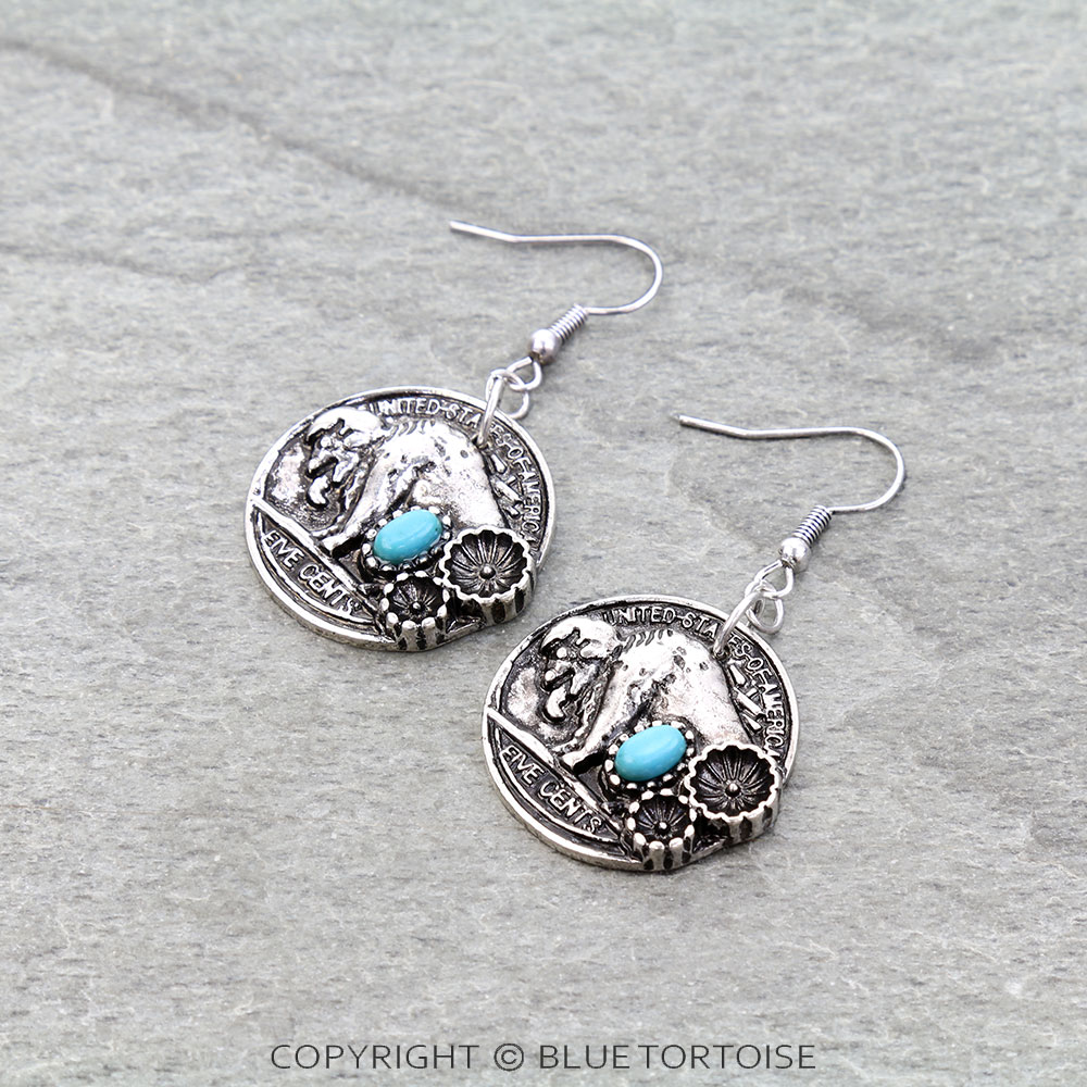 Western Buffalo Coin Dangle Earrings