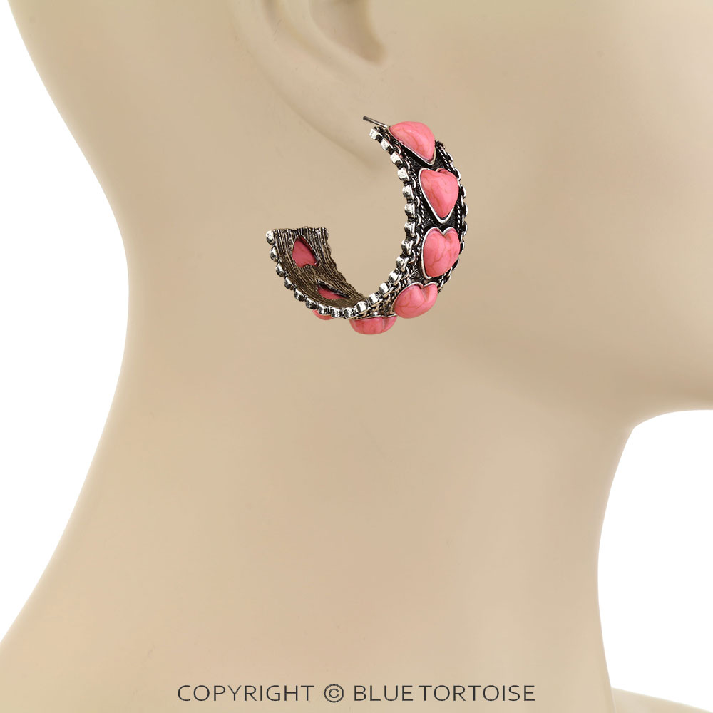 Western Chain TXR Heart Stone Hoop Earrings - Image 2