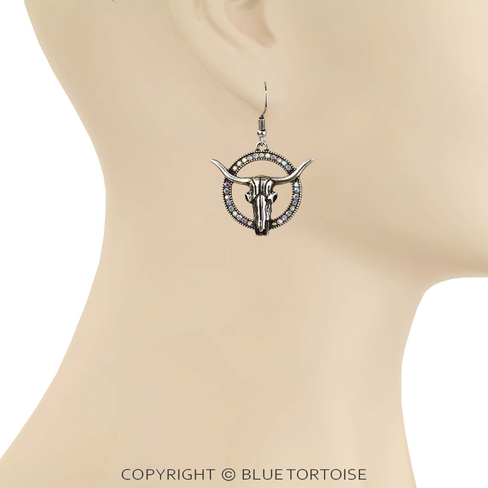 Western Steer Skull Stone Dangle Earrings - Image 2