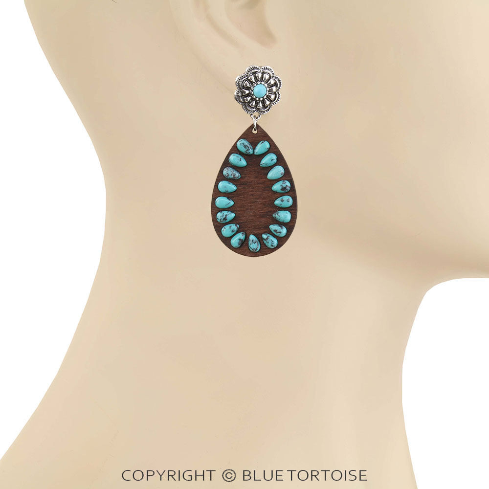 Western Wooden Teardrop Concho Stud Earrings - Image 2