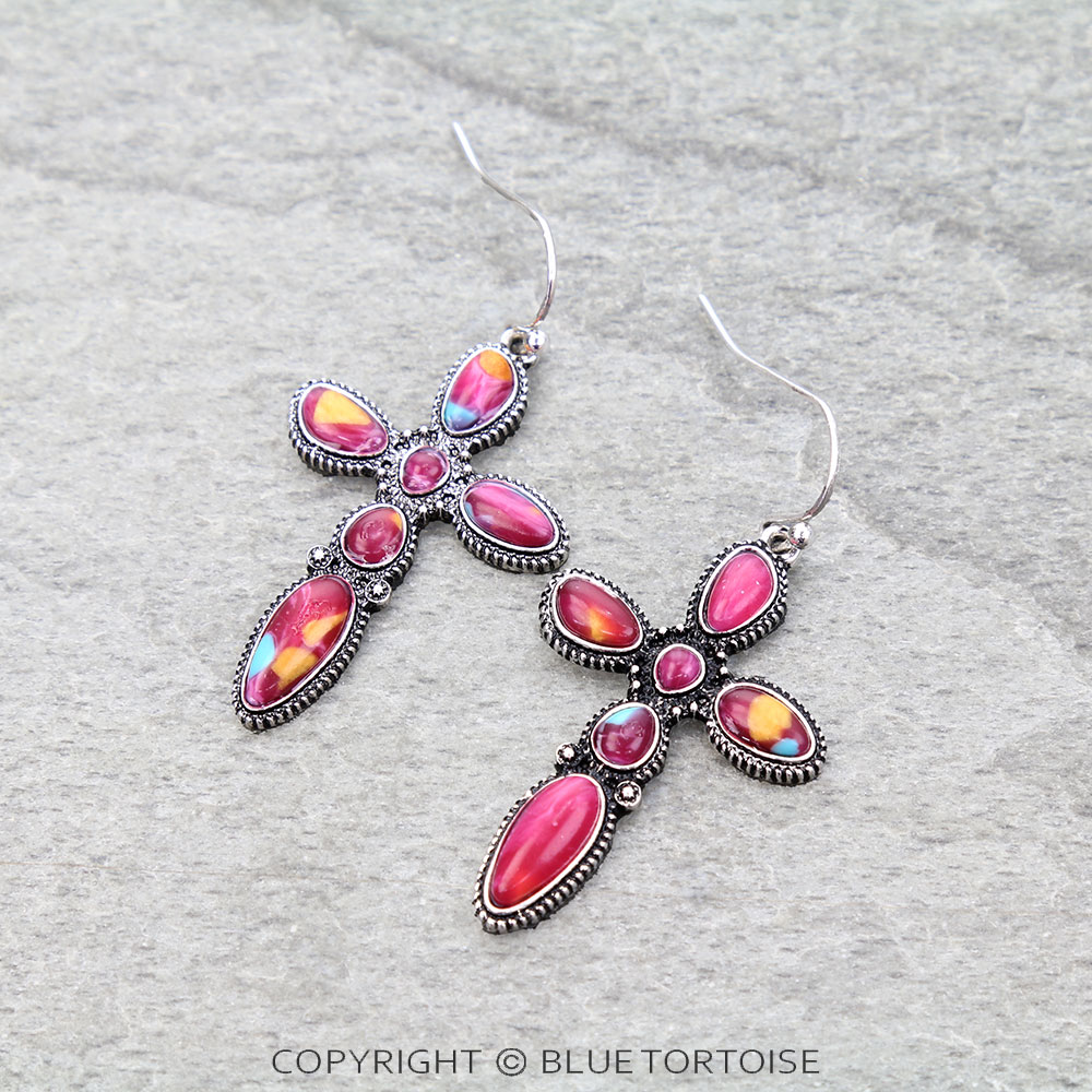 Western Cross Hand Stone Dangle Earrings