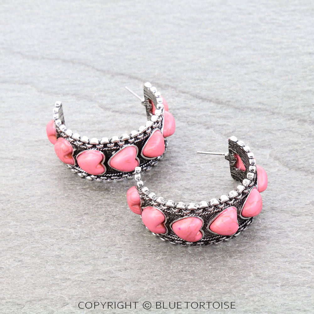 Western Chain TXR Heart Stone Hoop Earrings