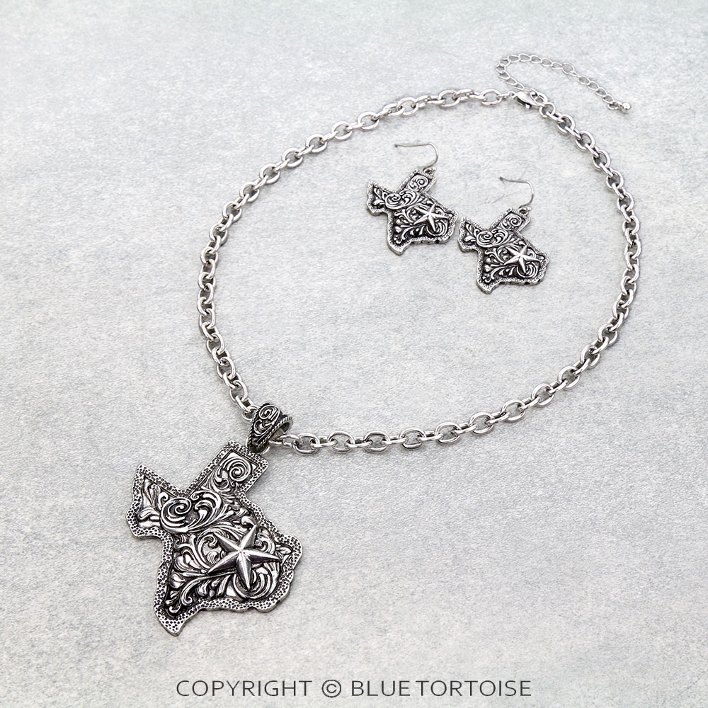 Western Filigree Texas Map Necklace Set