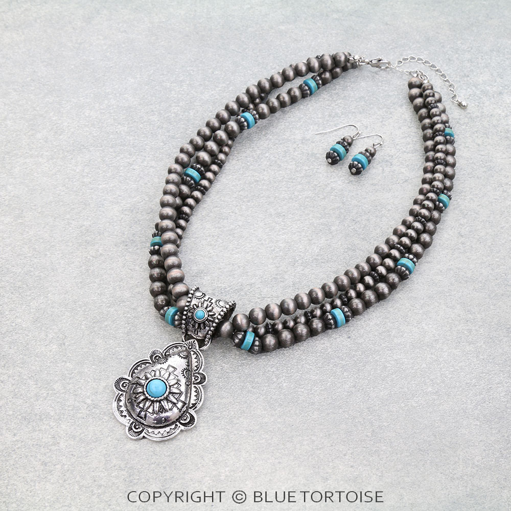 Western Concho Teardrop Pendant Necklace Set