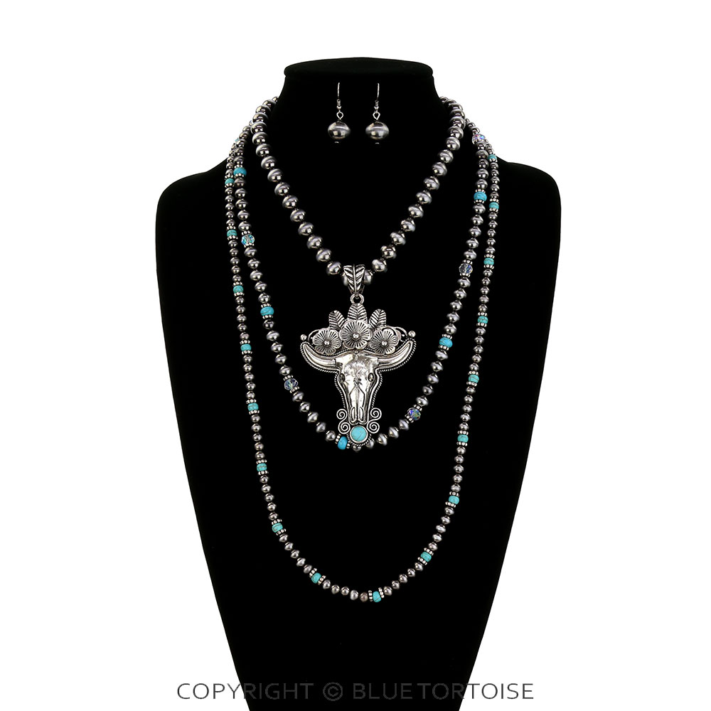 3 Layered Western Steer Skull Necklace Set - Image 2