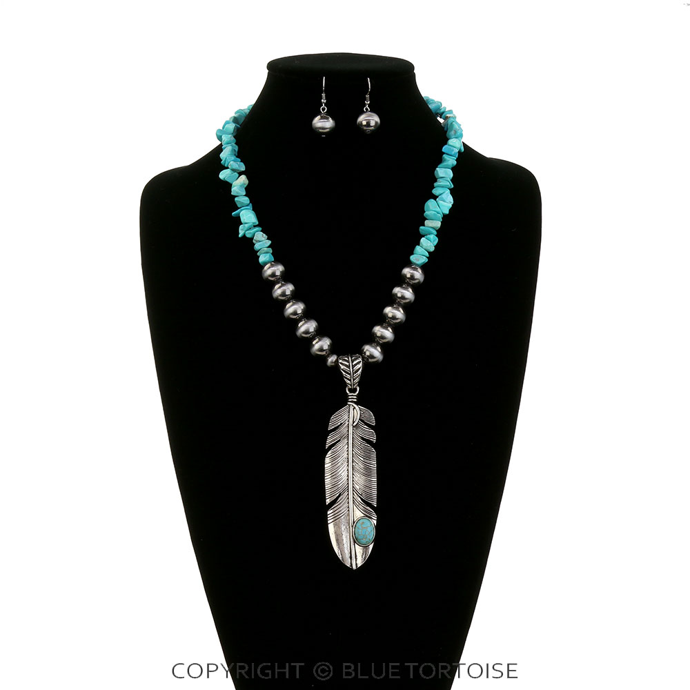 Western Feather Pendant Chip Stone Necklace Set - Image 2