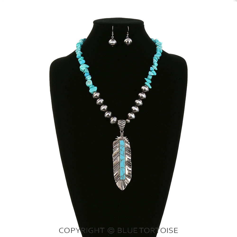 Western Feather Pendant Chip Stone Necklace Set - Image 2