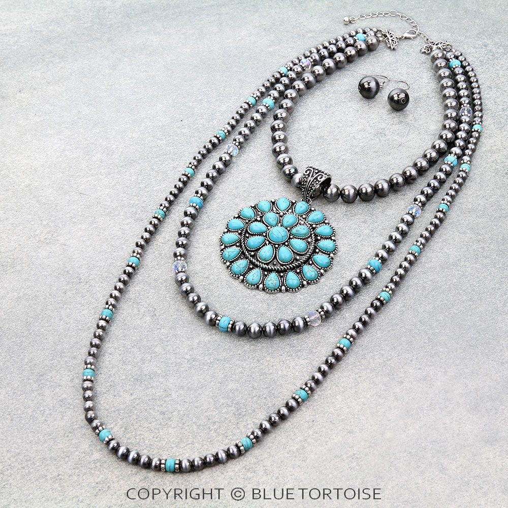 3 Layered Western Concho Stone Necklace Set