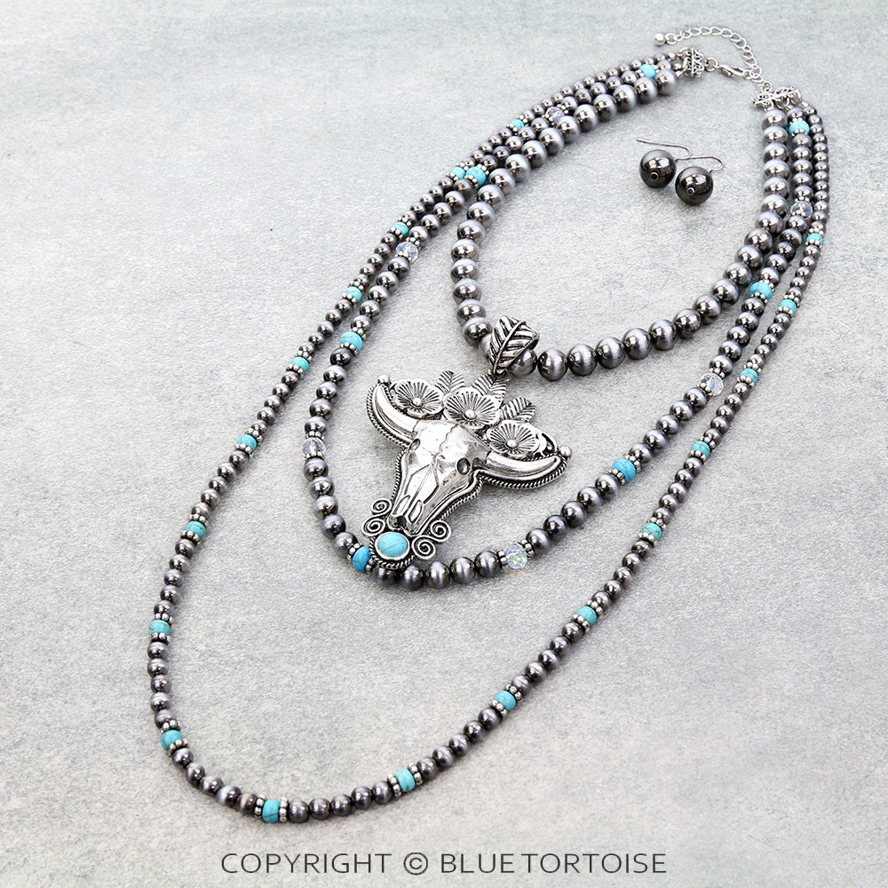 3 Layered Western Steer Skull Necklace Set