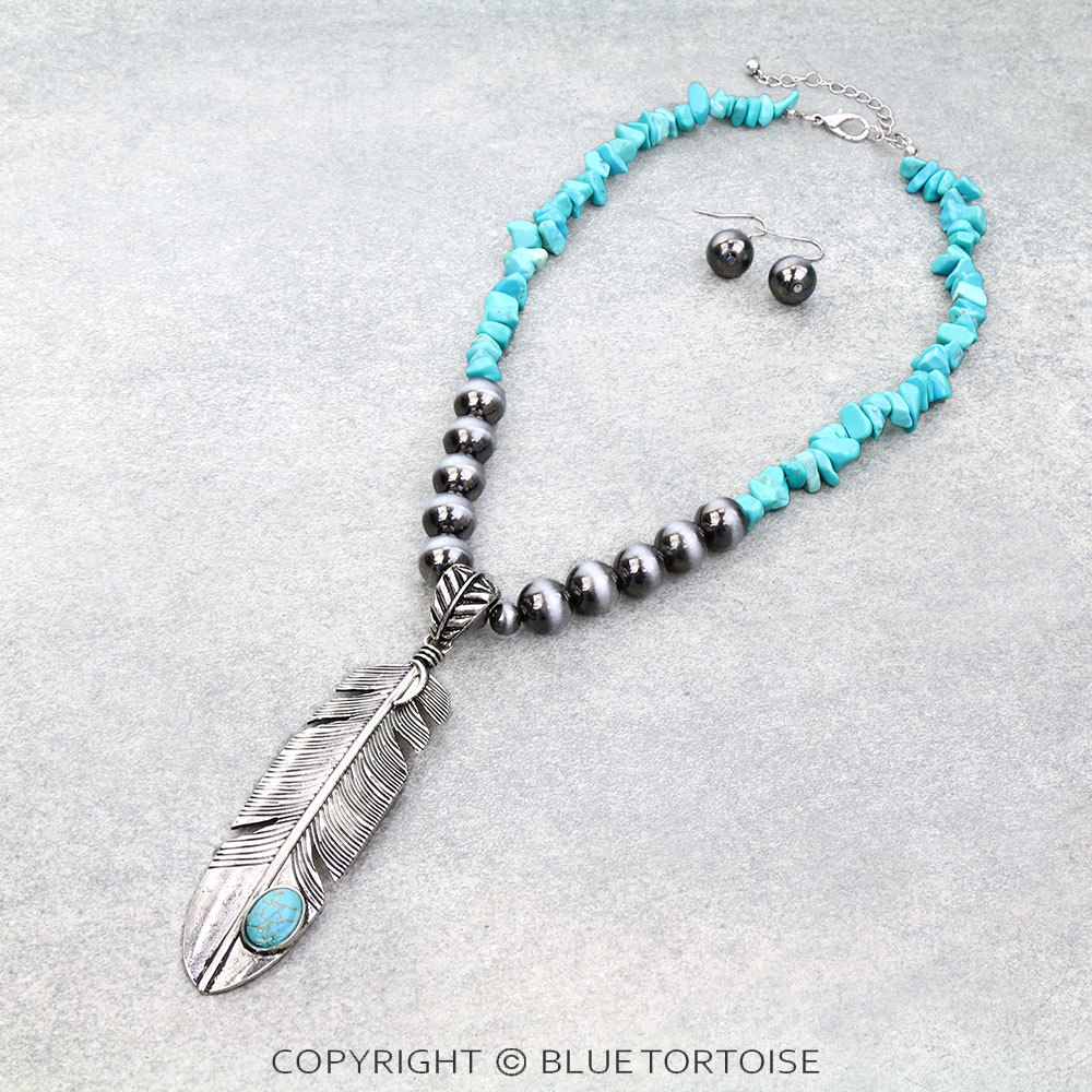 Western Feather Pendant Chip Stone Necklace Set
