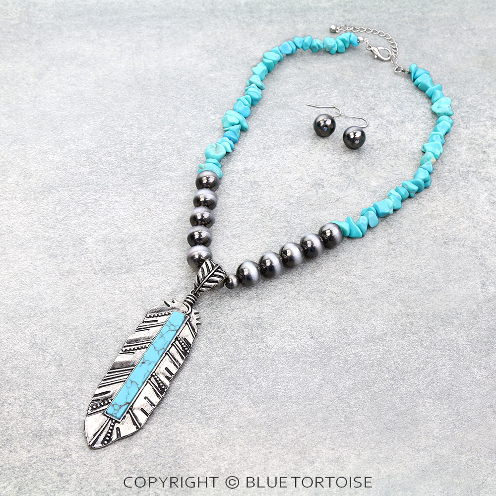 Western Feather Pendant Chip Stone Necklace Set