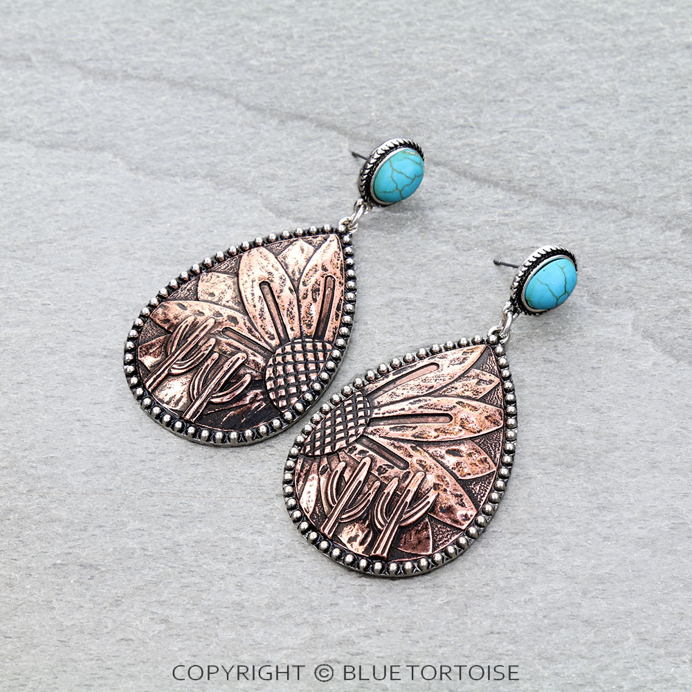 Western Sunflower Engraved Teardrop Stud Earrings