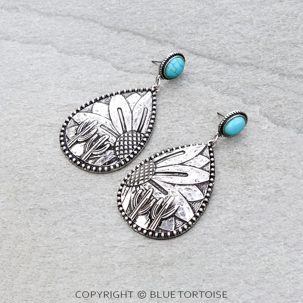 Western Sunflower Engraved Teardrop Stud Earrings