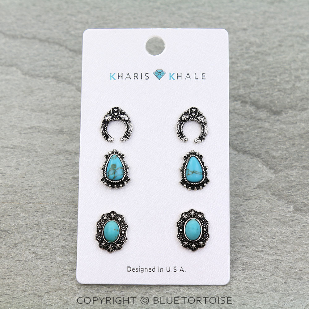 3 Pair Western Stone Earring Set