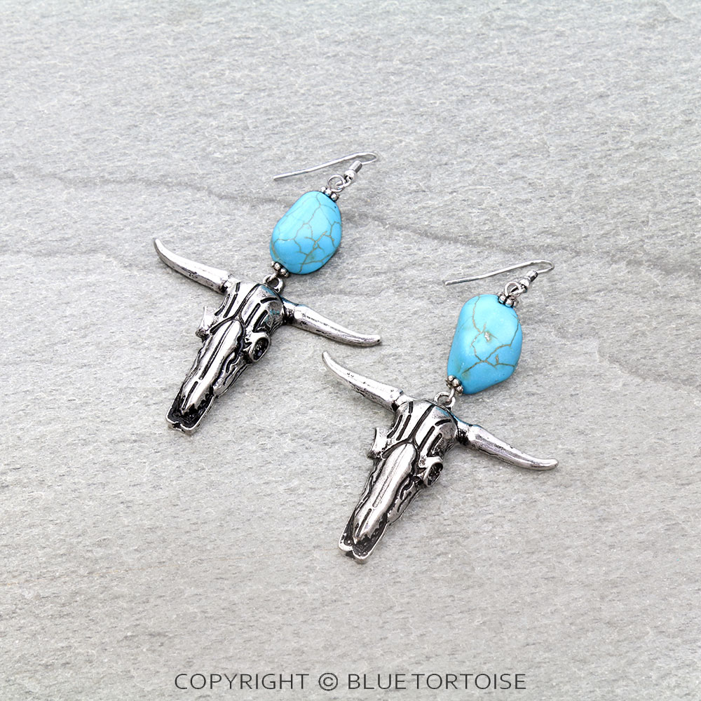 Western Steer Skull Stone Dangle Earrings