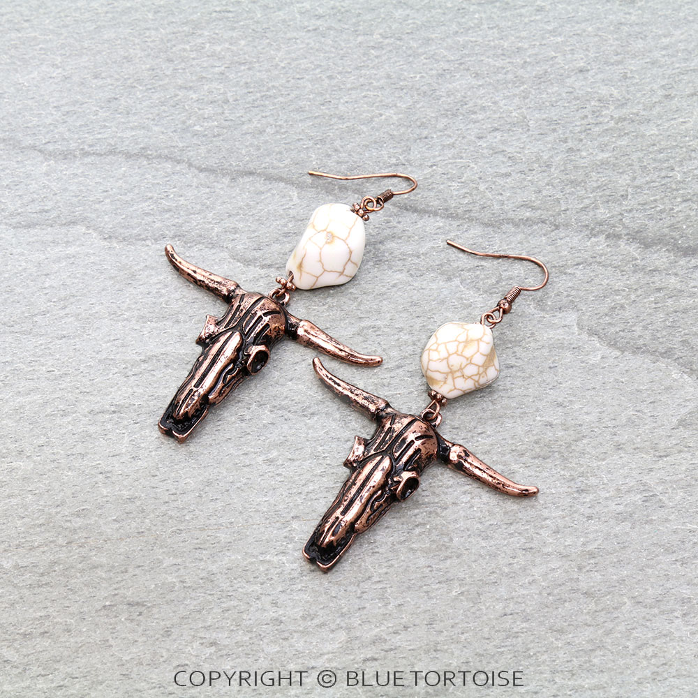 Western Steer Skull Stone Dangle Earrings