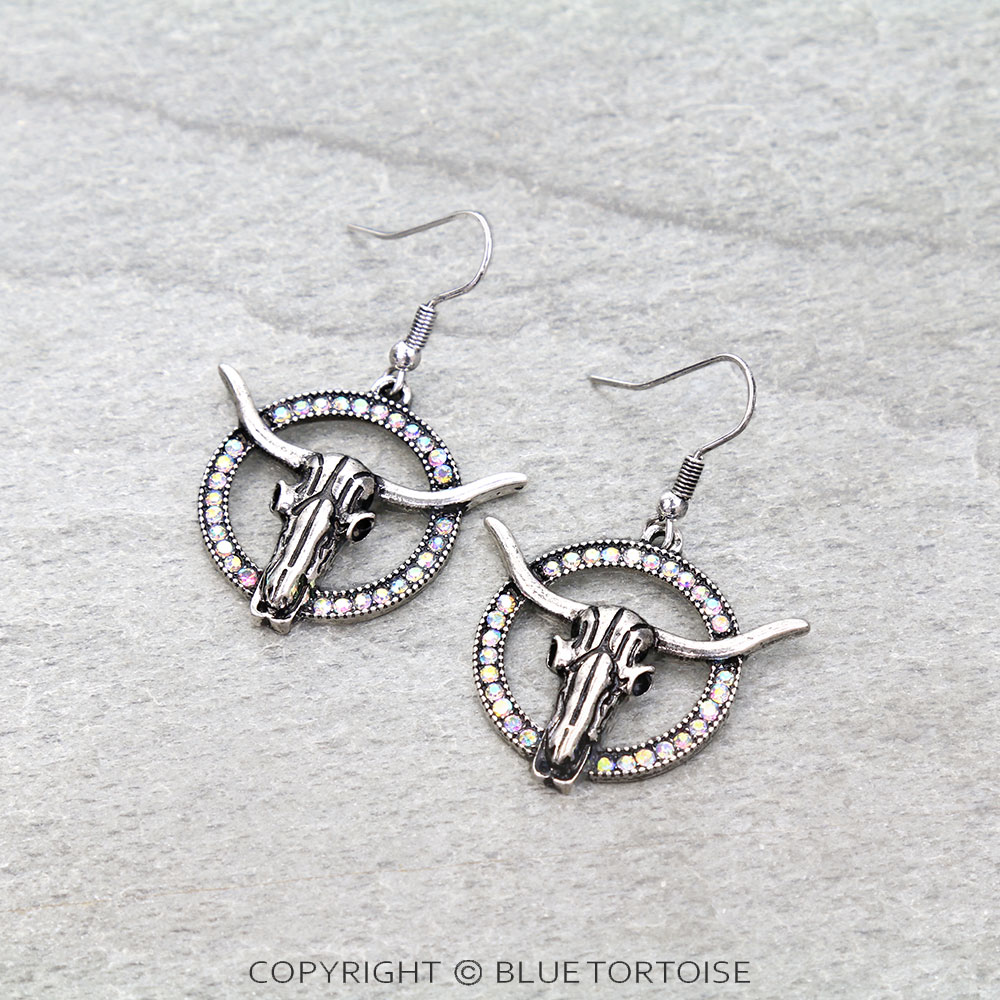 Western Steer Skull Stone Dangle Earrings