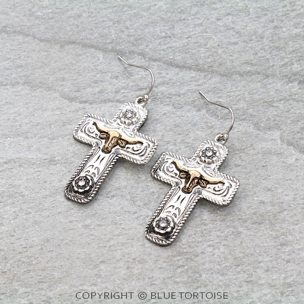 Western Steer Cow Cross Dangle Earrings