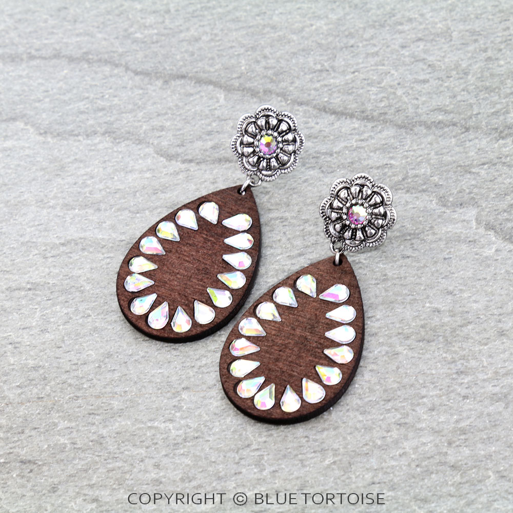 Western Wooden Teardrop Concho Stud Earrings