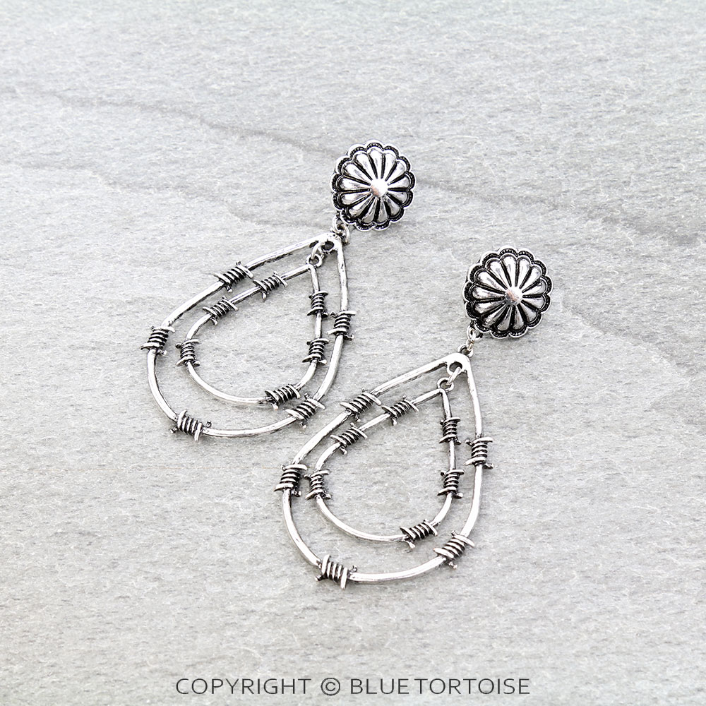 Western Barbed Wire Teardrop Concho Stud Earrings
