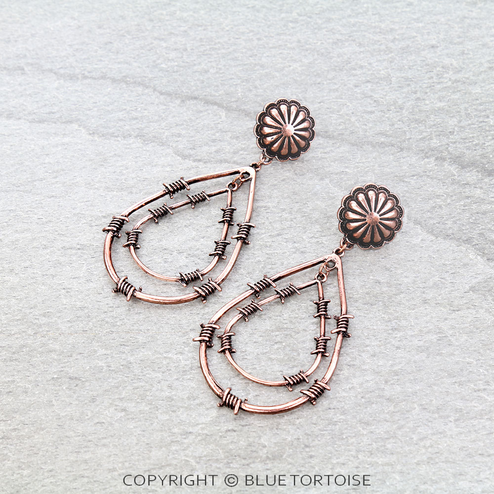 Western Barbed Wire Teardrop Concho Stud Earrings
