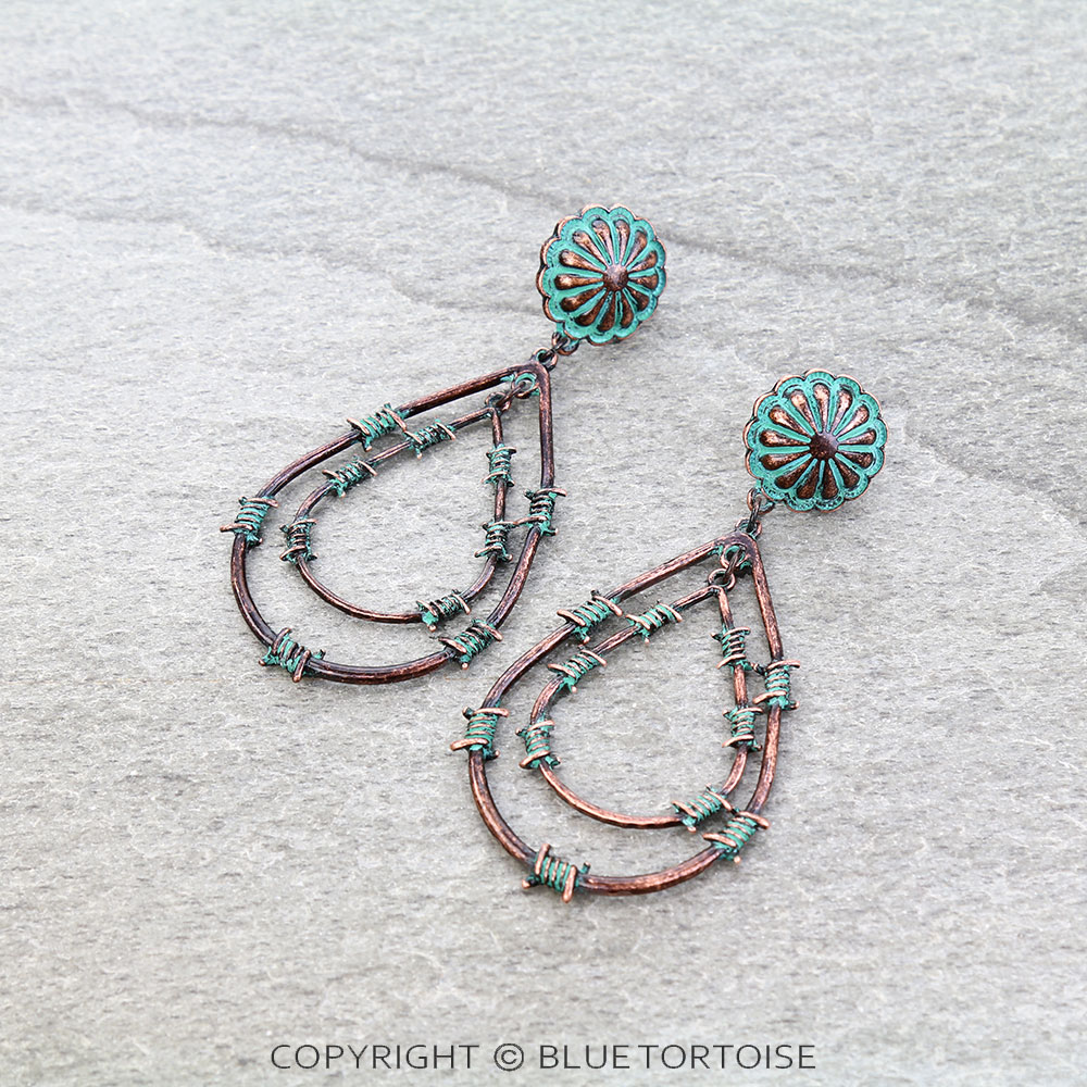 Western Barbed Wire Teardrop Concho Stud Earrings