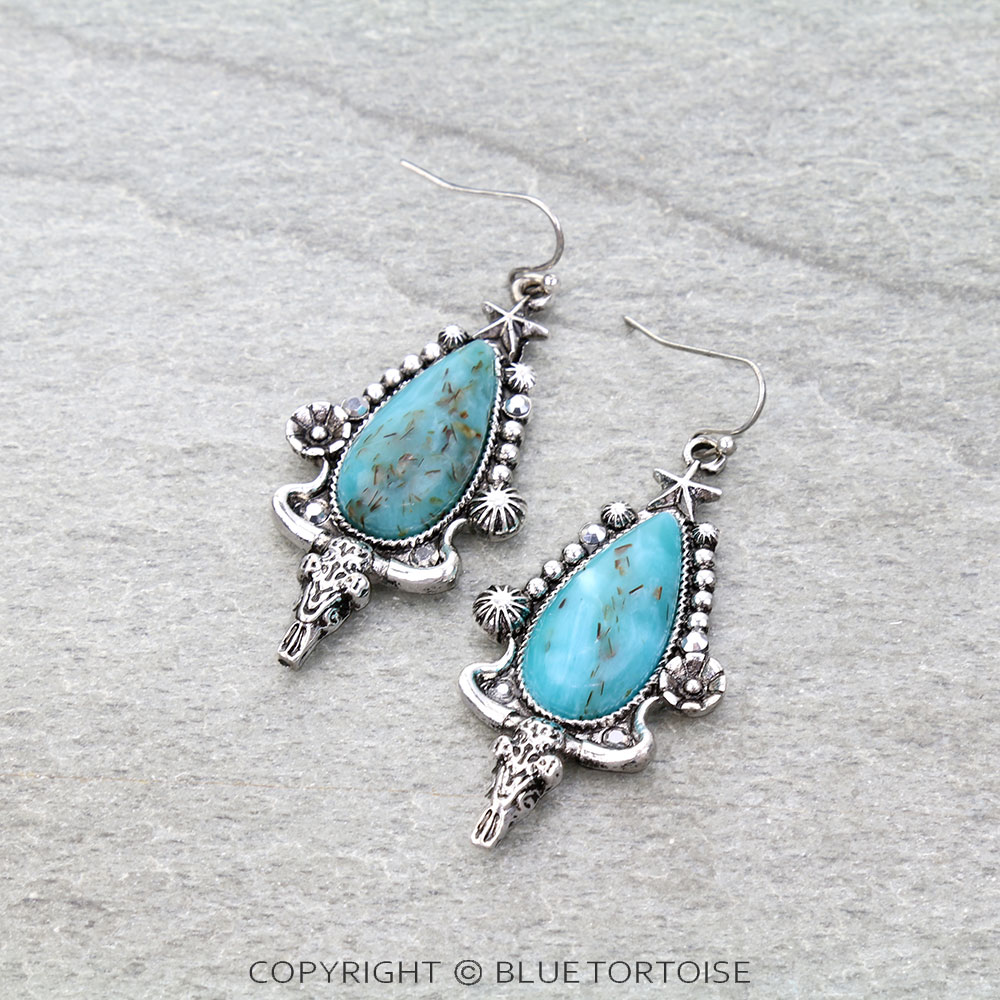 Western Steer Skull Hand Stone Dangle Earrings