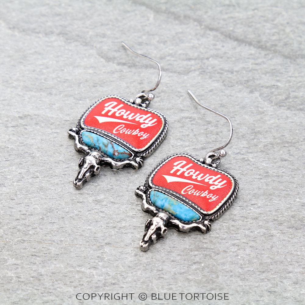 Western Steer Skull Logo Print Dangle Earrings
