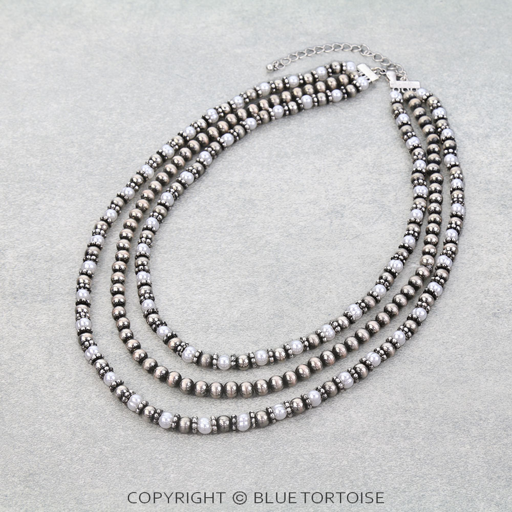 Western Navajo Style Pearl & Bead Multi Strands Necklace