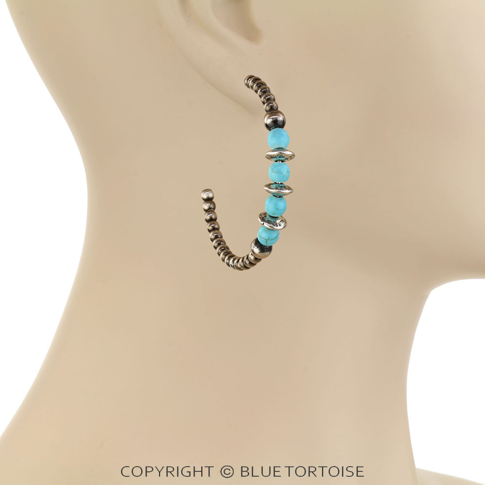 2" Navajo Style Pearl and Stone Hoop Earrings - Image 2
