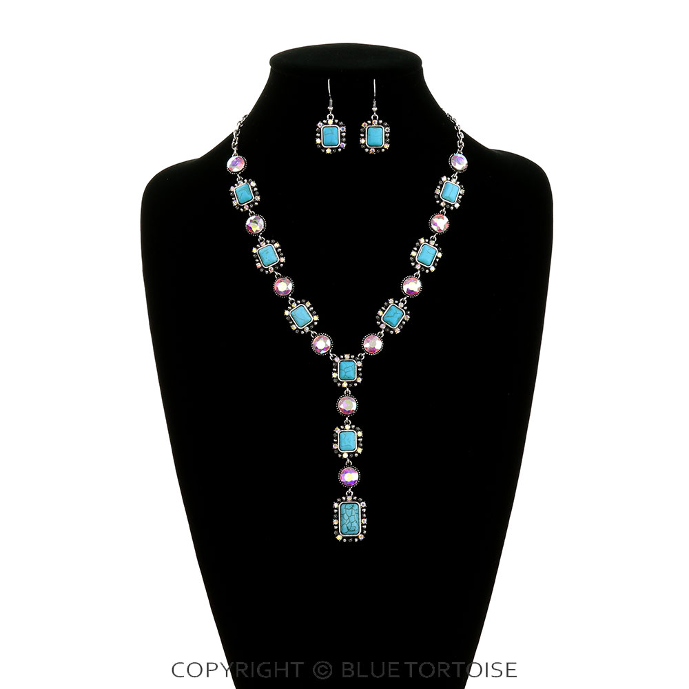 Western Rectangle Stone Y Necklace Set - Image 2