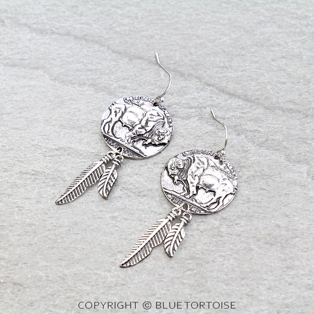 Western Buffalo Coin Feather Dangle Earrings