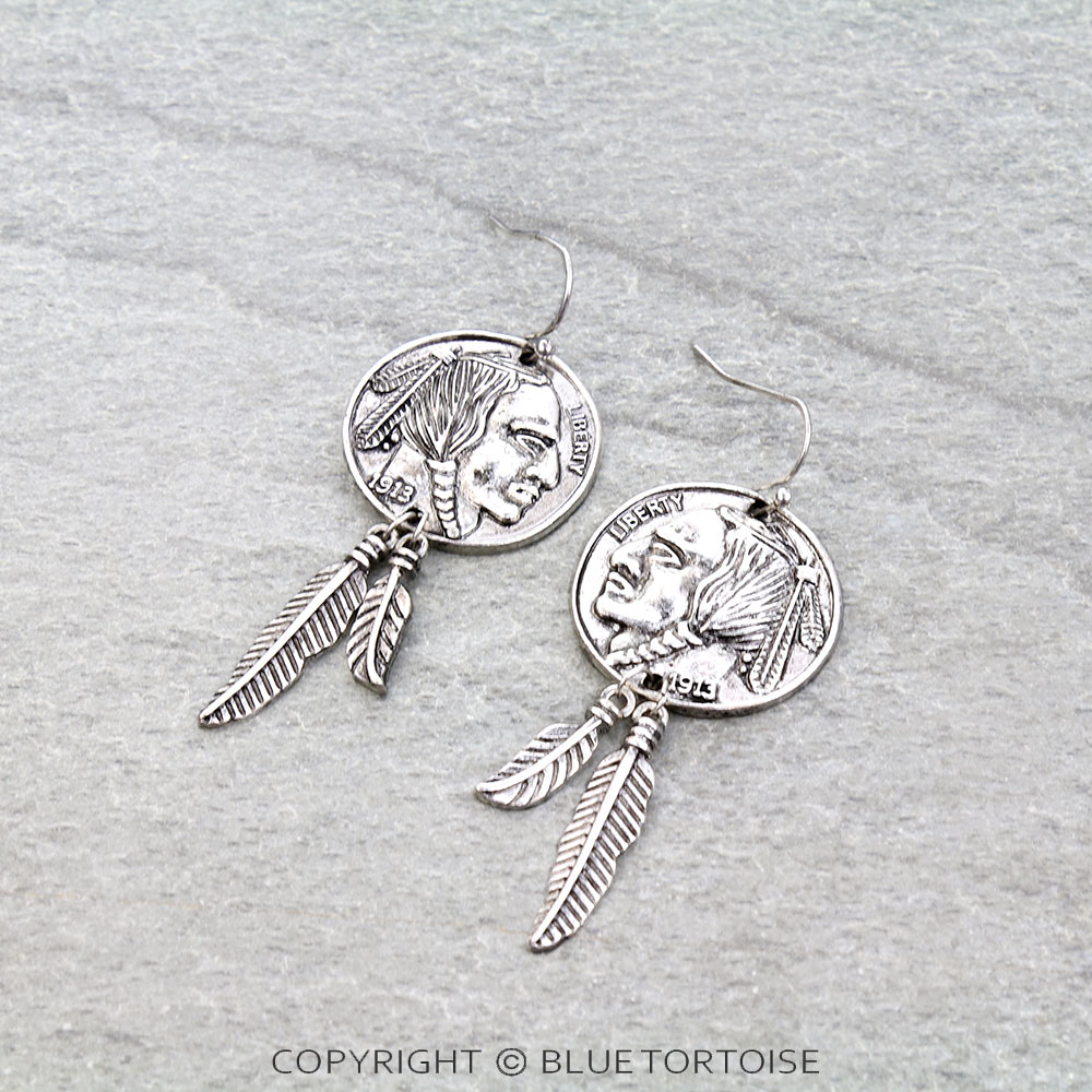 Western Native Head Coin Feather Dangle Earrings
