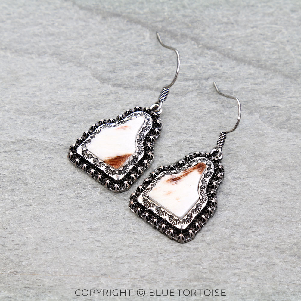 Western Ear Tag Cowhide Dangle Earrings