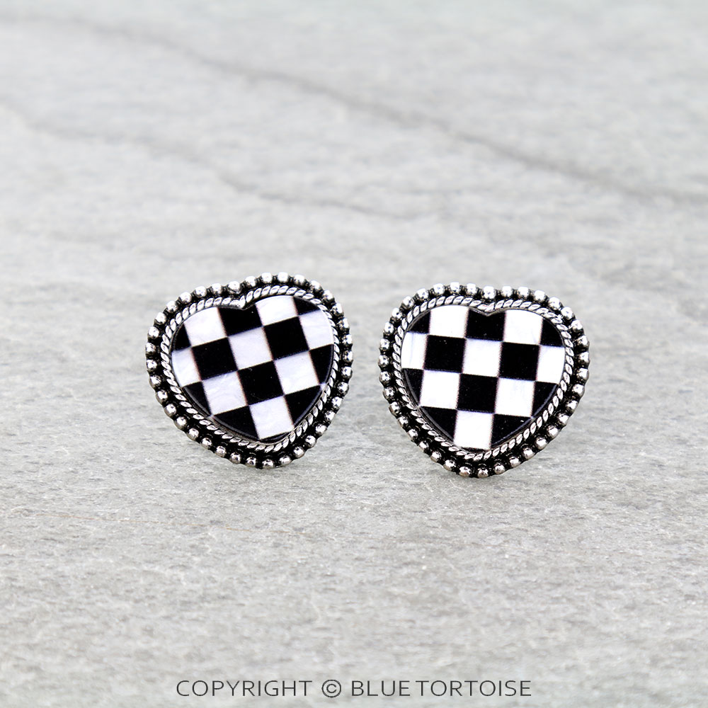 Western Checker Heart Stud Earrings