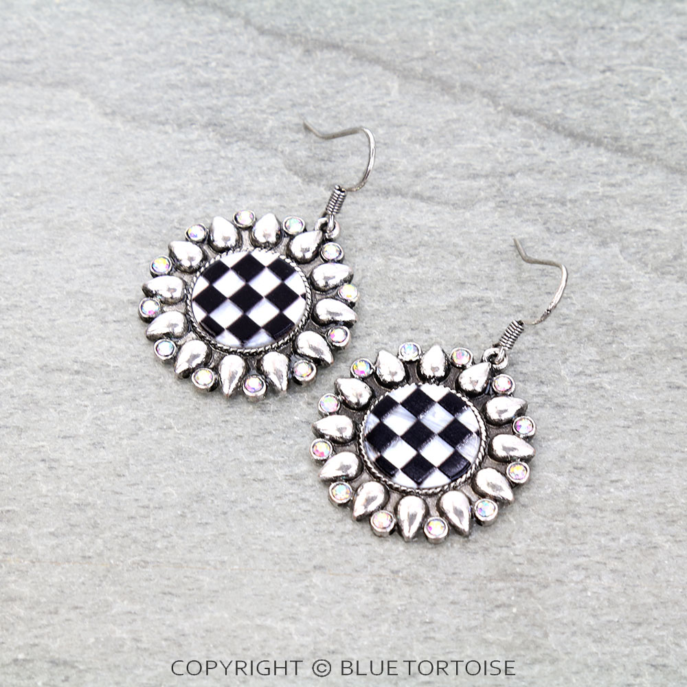 Western Checker Flower Dangle Earrings