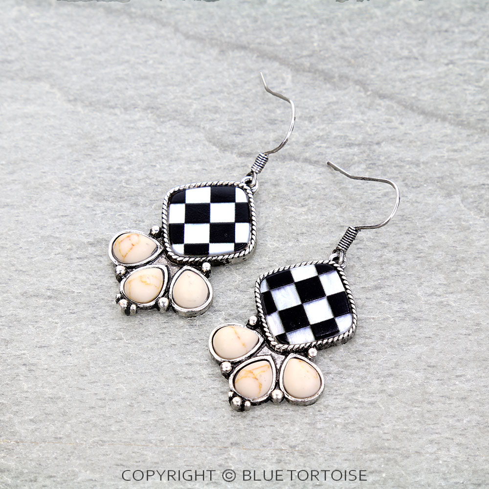 Western Checker Cushion Stone Dangle Earrings