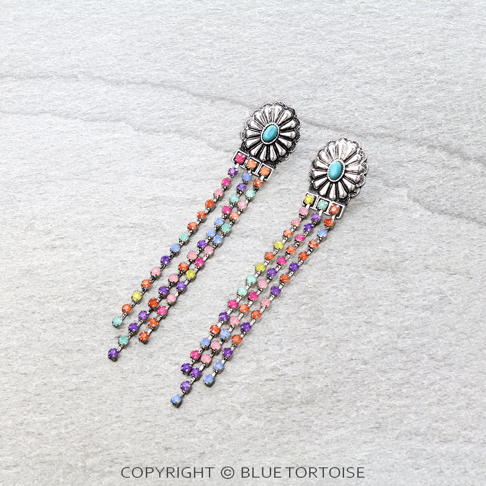 Western Concho with Stone Tassel Stud Earrings