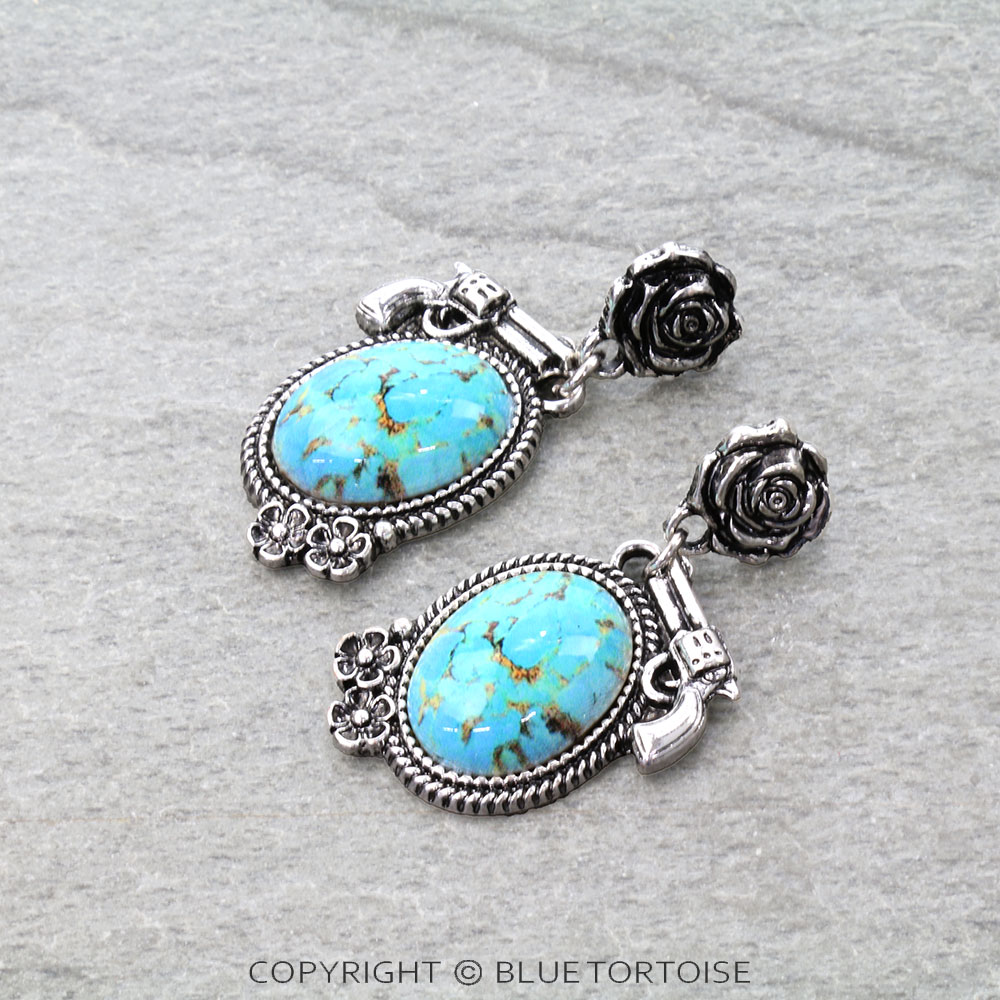 Western Rose & Gun Stone Stud Earrings