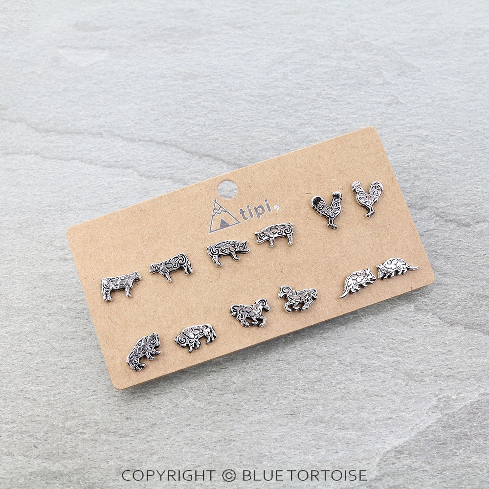 6 Pair Western Etched Farm Animal Earring Set
